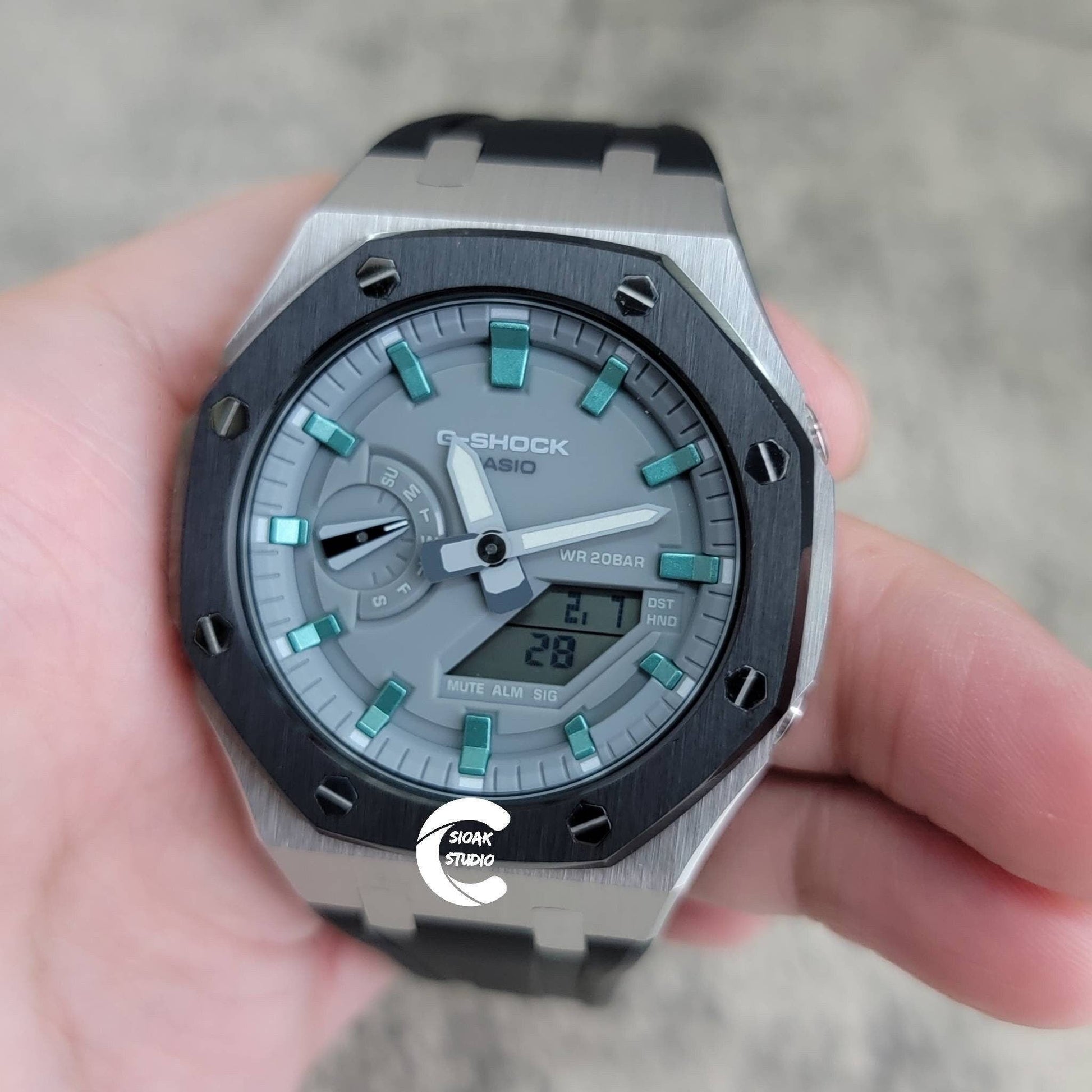 Casioak Mod Watch Black Silver Case Black Rubber Strap Light Gray Turquoise Time Mark Gray Dial 44mm - Casioak Studio