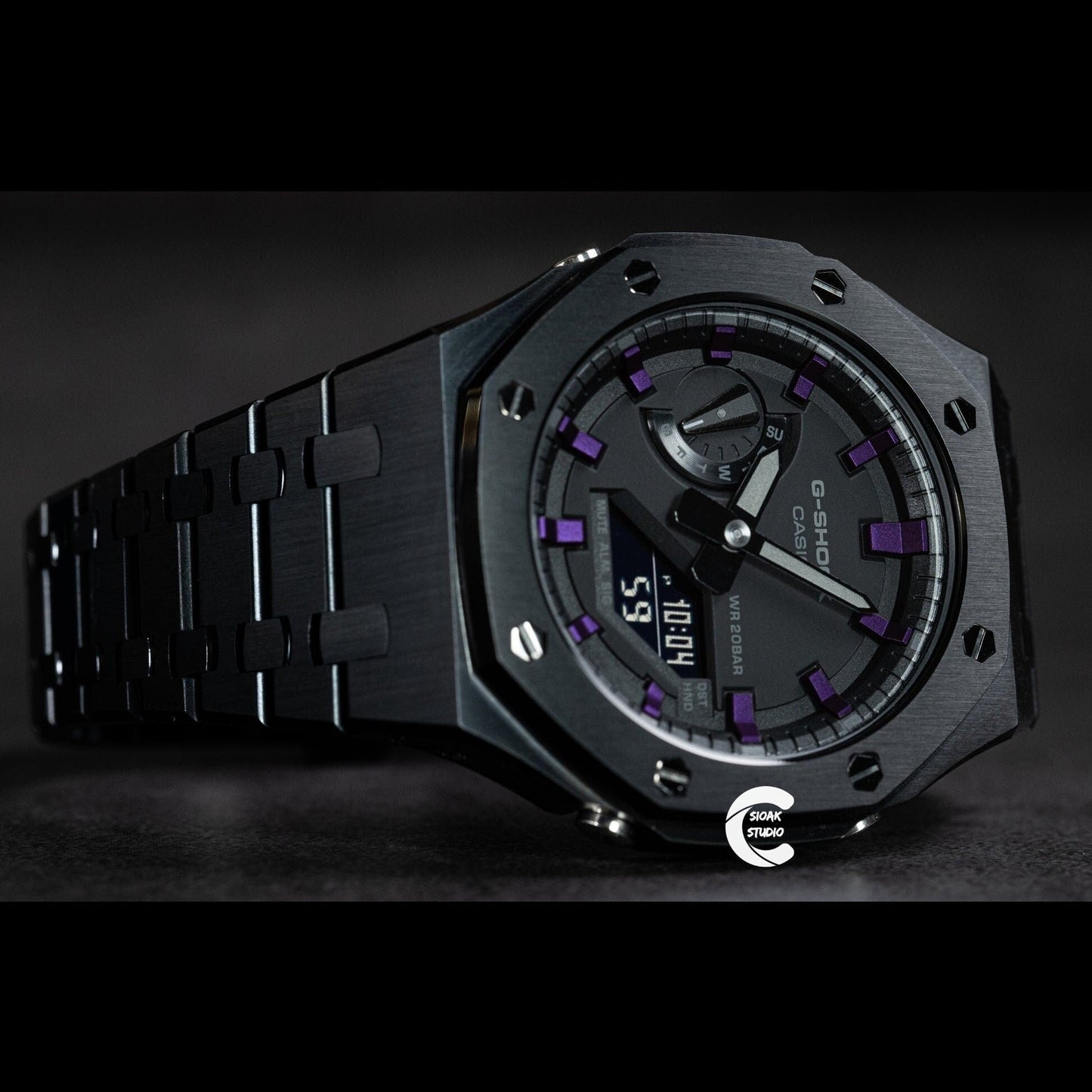 Casioak Mod Watch Black Case Metal Strap Black Purple Time Mark Black Dial 44mm - Casioak Studio