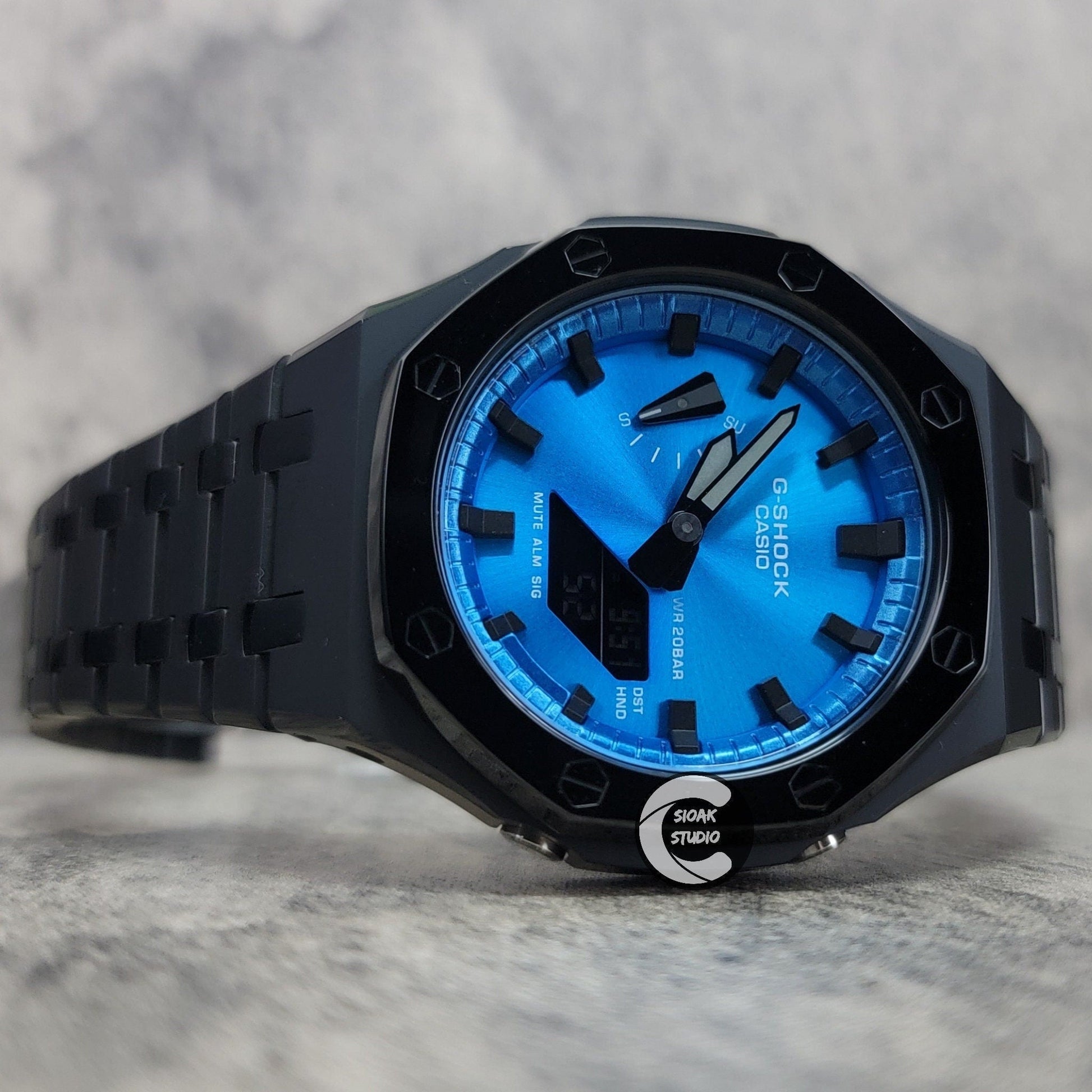 Casioak Mod Watch Polished Black Case Metal Strap Blue Black Time Mark Blue Metallic Dial 44mm - Casioak Studio