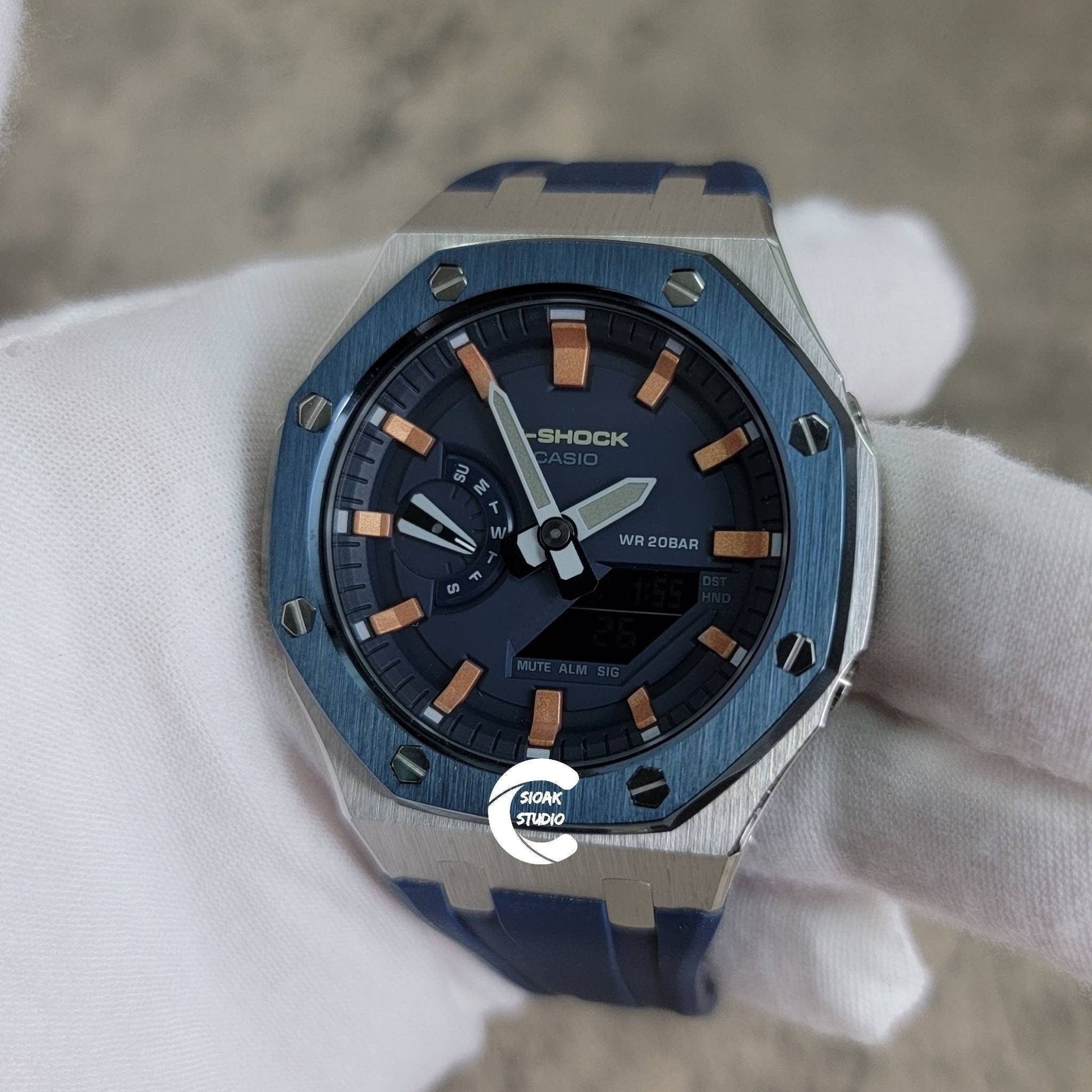 Casioak Mod Watch Blue Silver Case Blue Rubber Strap Blue Rose Gold Time Mark Blue Dial 44mm - Casioak Studio