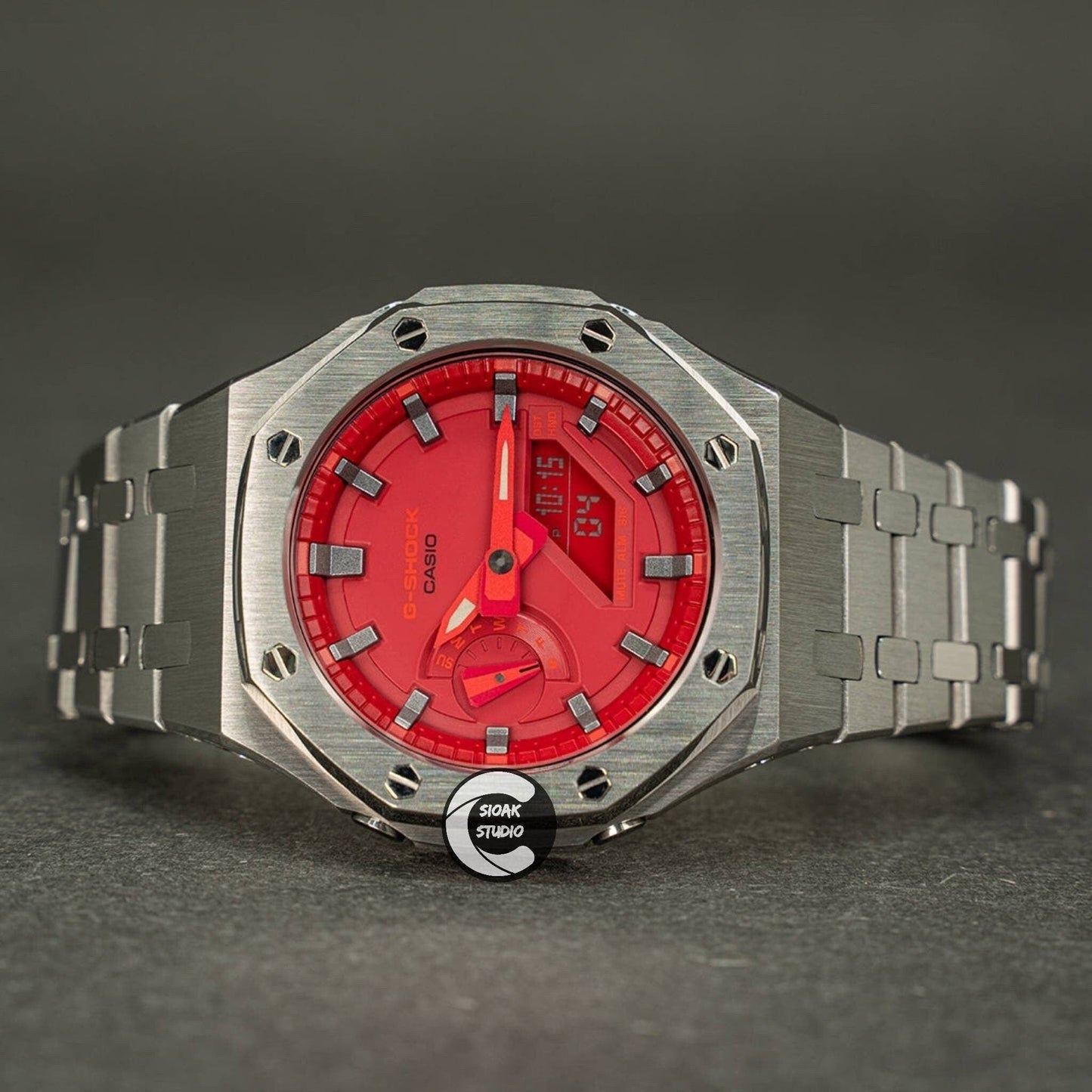 Casioak Mod Watch Silver Case Metal Strap Red Silver Time Mark Red Dial 44mm - Casioak Studio