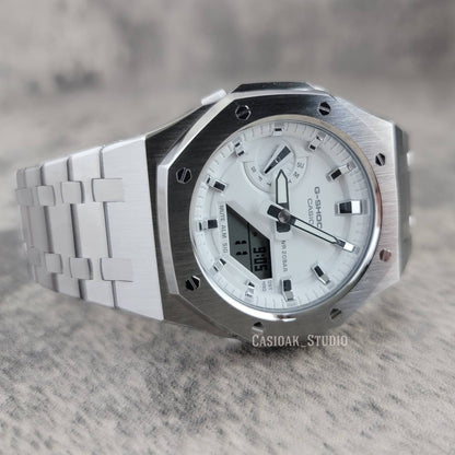 Casioak Mod Watch Silver Case Metal Strap White Silver Time Mark White Dial 42mm - Casioak Studio