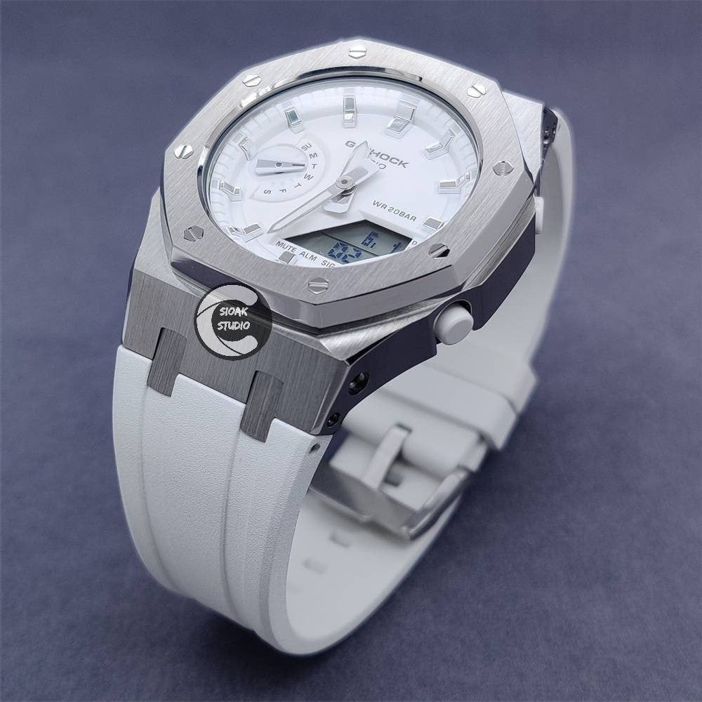 Casioak Mod Watch Silver Case White Rubber Strap White Silver Time Mark Whote Dial 42mm - Casioak Studio