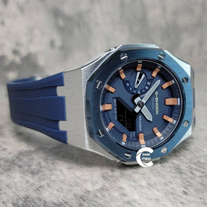 Casioak Mod Watch Blue Silver Case Blue Rubber Strap Blue Rose Gold Time Mark Blue Dial 44mm - Casioak Studio