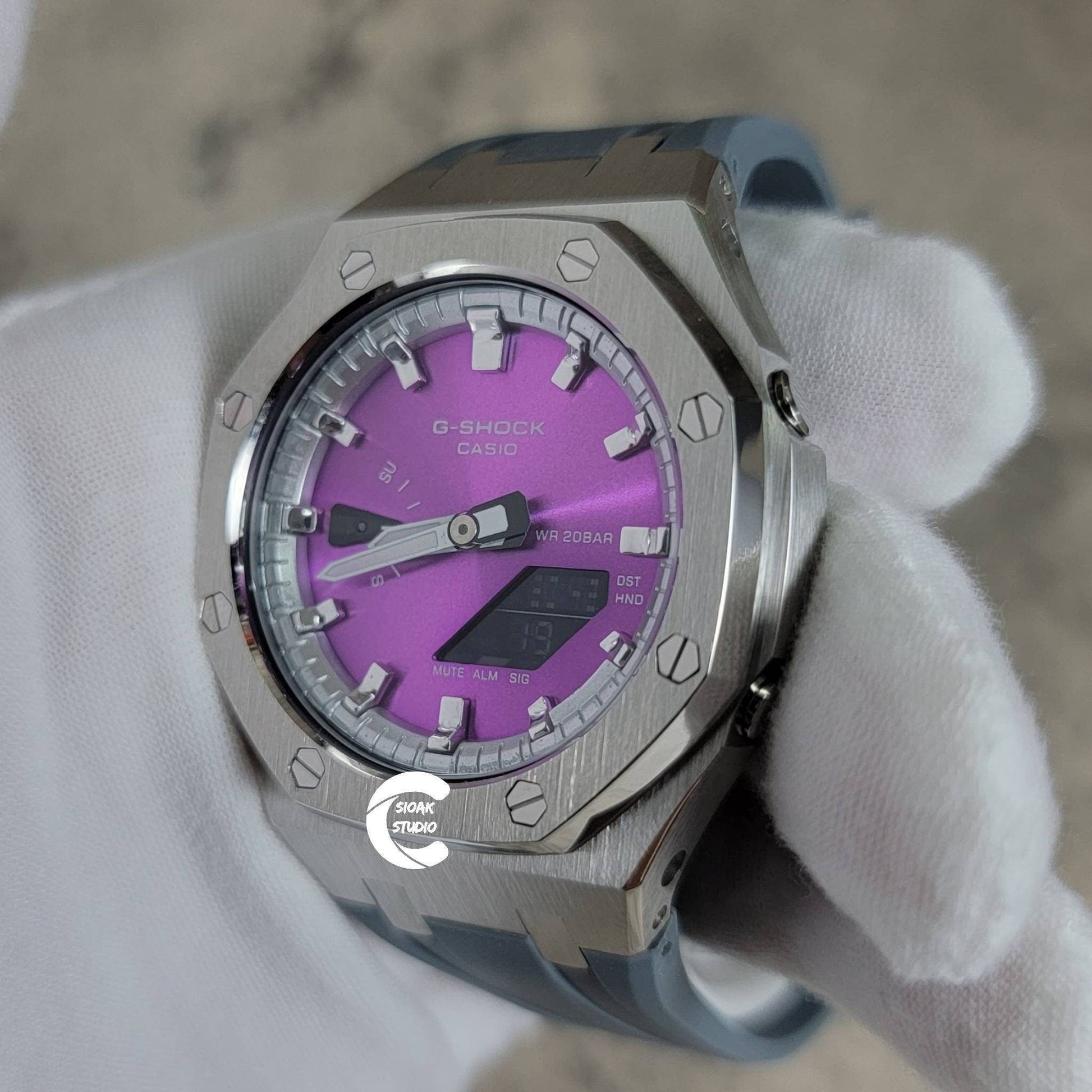 Casioak Mod Watch Silver Case Gray Rubber Strap Silver Time Mark Purple Dial 44mm - Casioak Studio