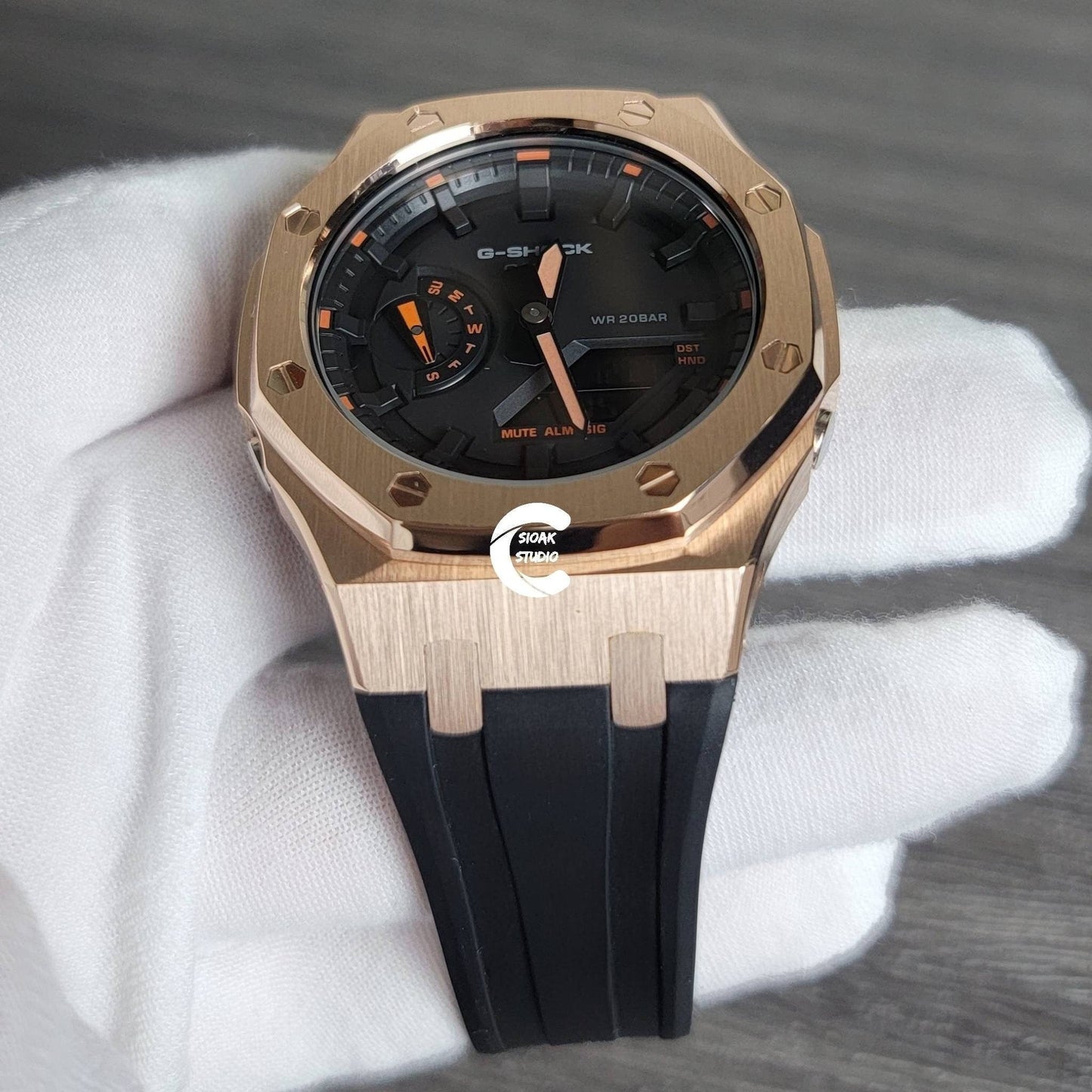 Casioak Mod Watch Rose Gold Case Black Rubber Strap Black Time Mark Black Dial 44mm - Casioak Studio