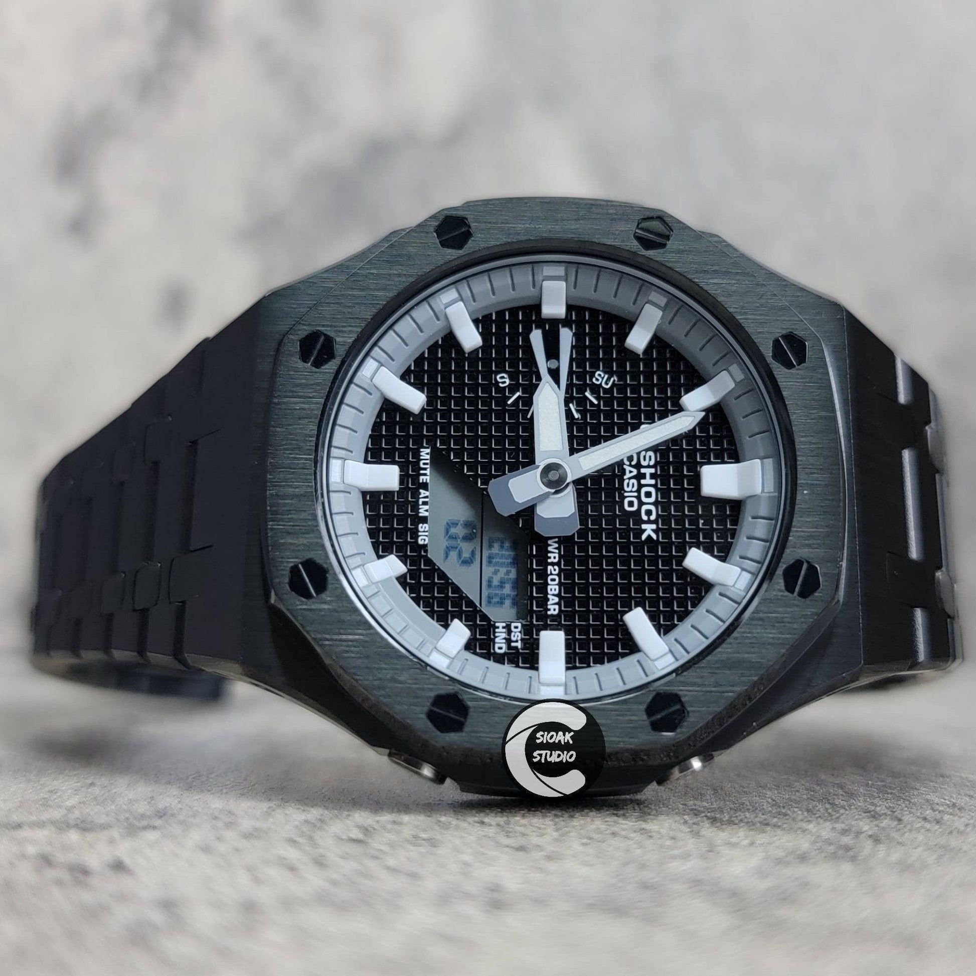 Casioak Mod Watch Black Case Metal Strap Gray White Time Mark Black Waffle Dial 44mm - Casioak Studio