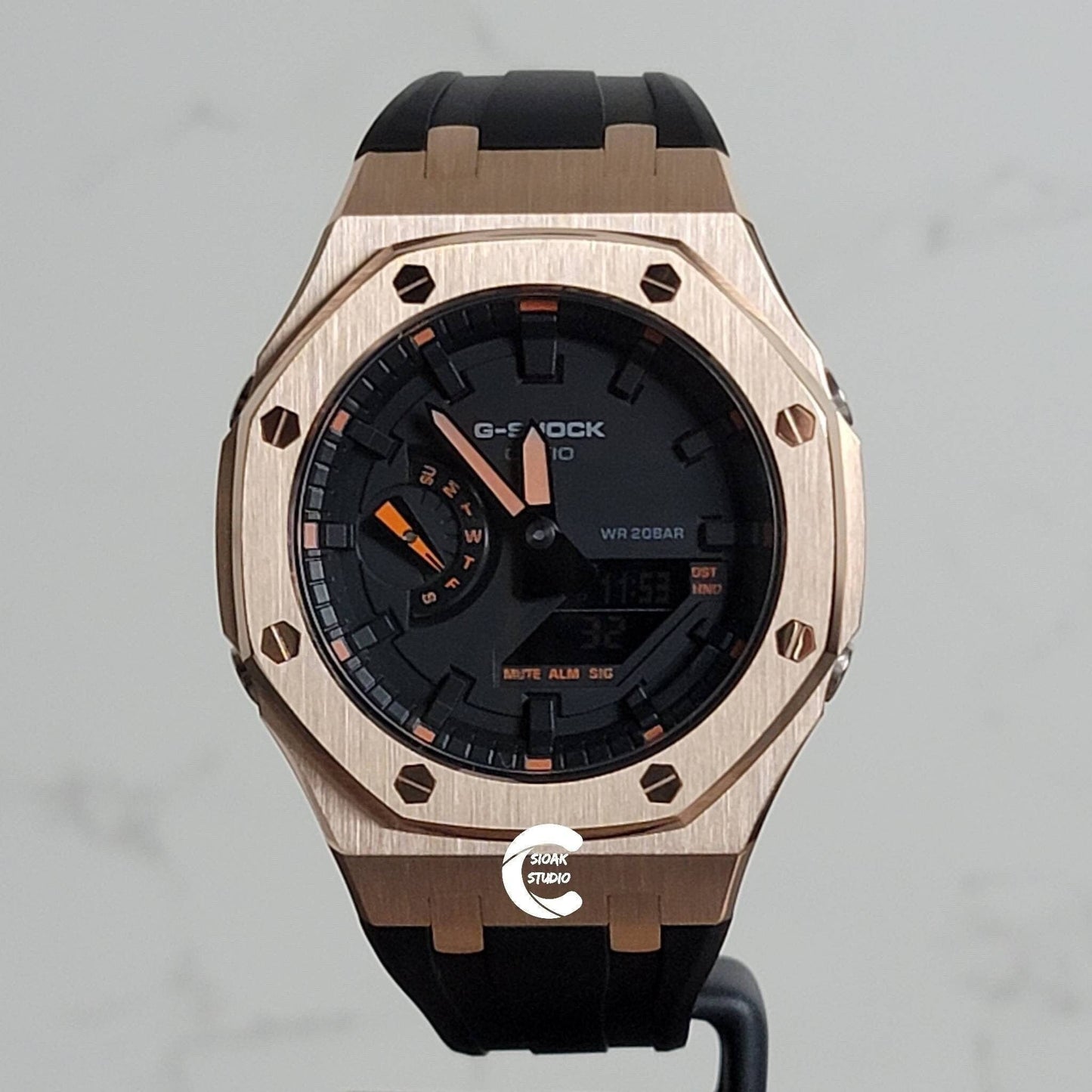 Casioak Mod Watch Rose Gold Case Black Rubber Strap Black Time Mark Black Dial 44mm - Casioak Studio