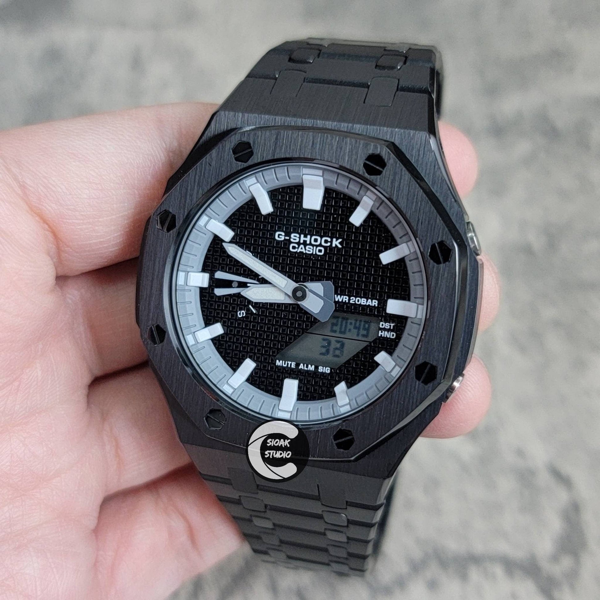 Casioak Mod Watch Black Case Metal Strap Gray White Time Mark Black Waffle Dial 44mm - Casioak Studio