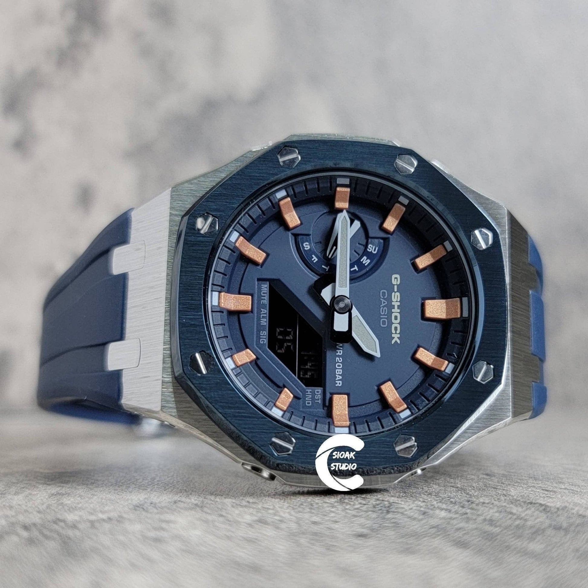 Casioak Mod Watch Blue Silver Case Blue Rubber Strap Blue Rose Gold Time Mark Blue Dial 44mm - Casioak Studio