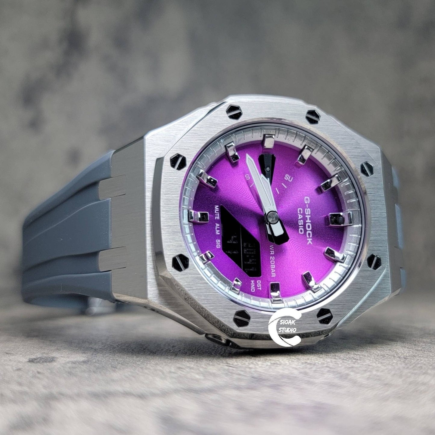 Casioak Mod Watch Silver Case Gray Rubber Strap Silver Time Mark Purple Dial 44mm - Casioak Studio