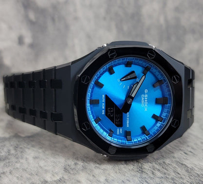 Casioak Mod Watch Polished Black Case Metal Strap Blue Black Time Mark Blue Metallic Dial 44mm - Casioak Studio