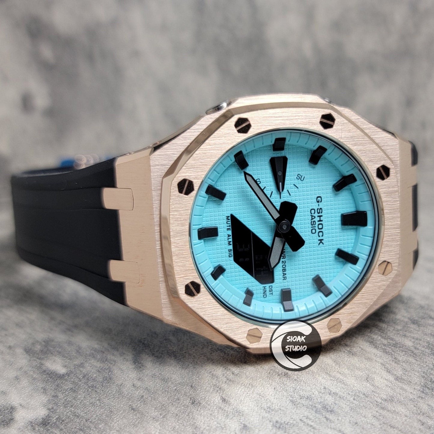 Casioak Mod Watch Rose Gold Case Black Rubber Strap Tiffany Time Mark Tiffany Blue Dial 44mm - Casioak Studio