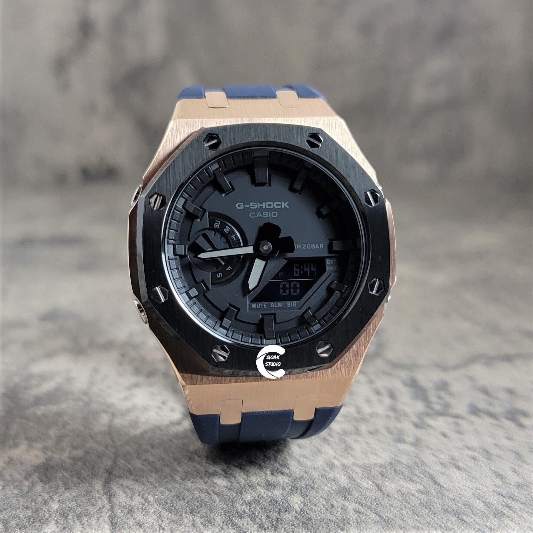 Casioak Mod Watch Blavk Rose Gold Case Blue Rubber Strap Black Time Mark Black Dial 44mm - Casioak Studio