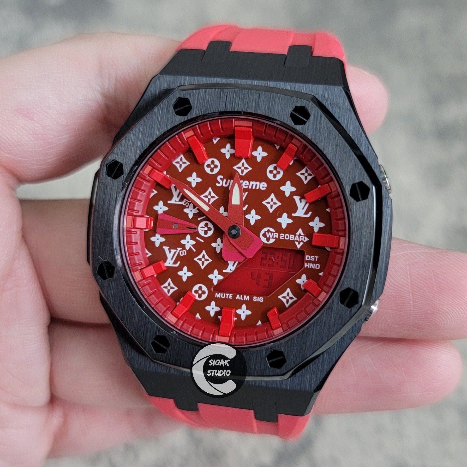 Casioak Mod Watch Black Case Red Rubber Strap Red Time Mark Red Dial 44mm - Casioak Studio