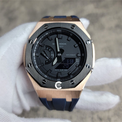 Casioak Mod Watch Blavk Rose Gold Case Blue Rubber Strap Black Time Mark Black Dial 44mm - Casioak Studio