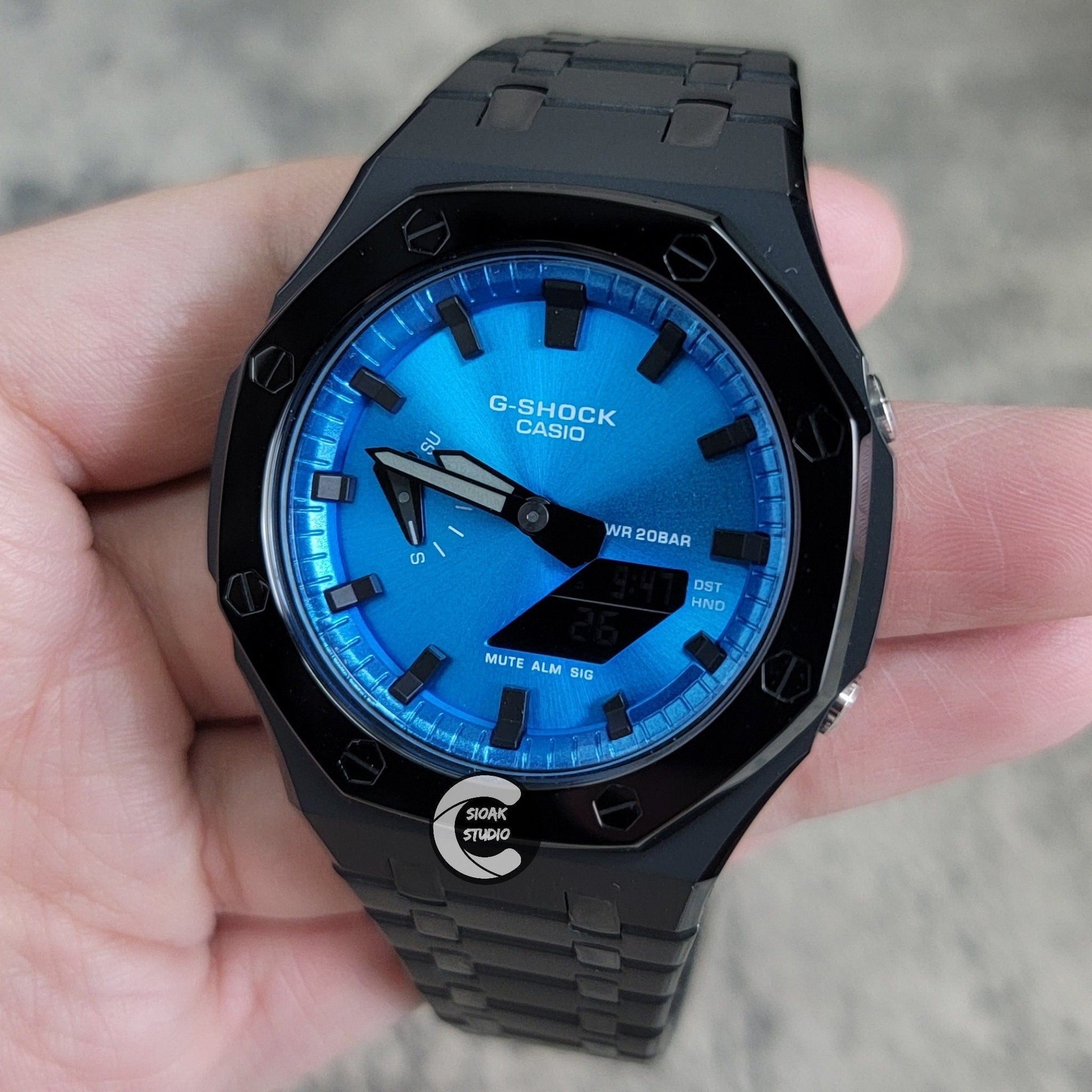 Casioak Mod Watch Polished Black Case Metal Strap Blue Black Time Mark Blue Metallic Dial 44mm - Casioak Studio