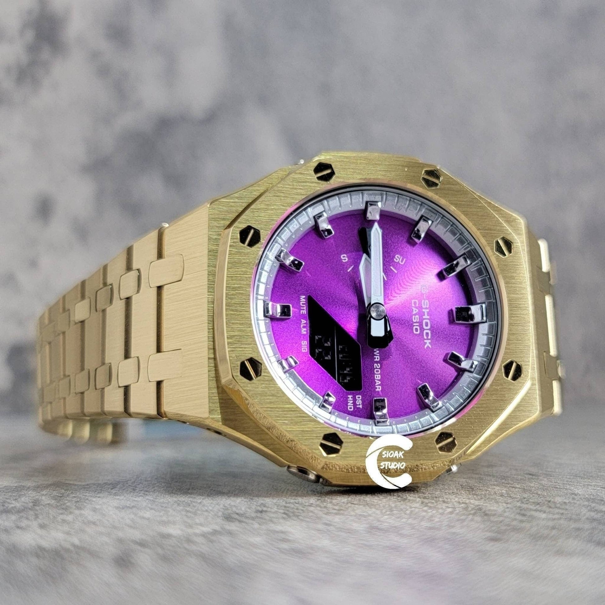 Casioak Mod Watch Gold Case Metal Strap Silver Time Mark Purple Dial 44mm - Casioak Studio