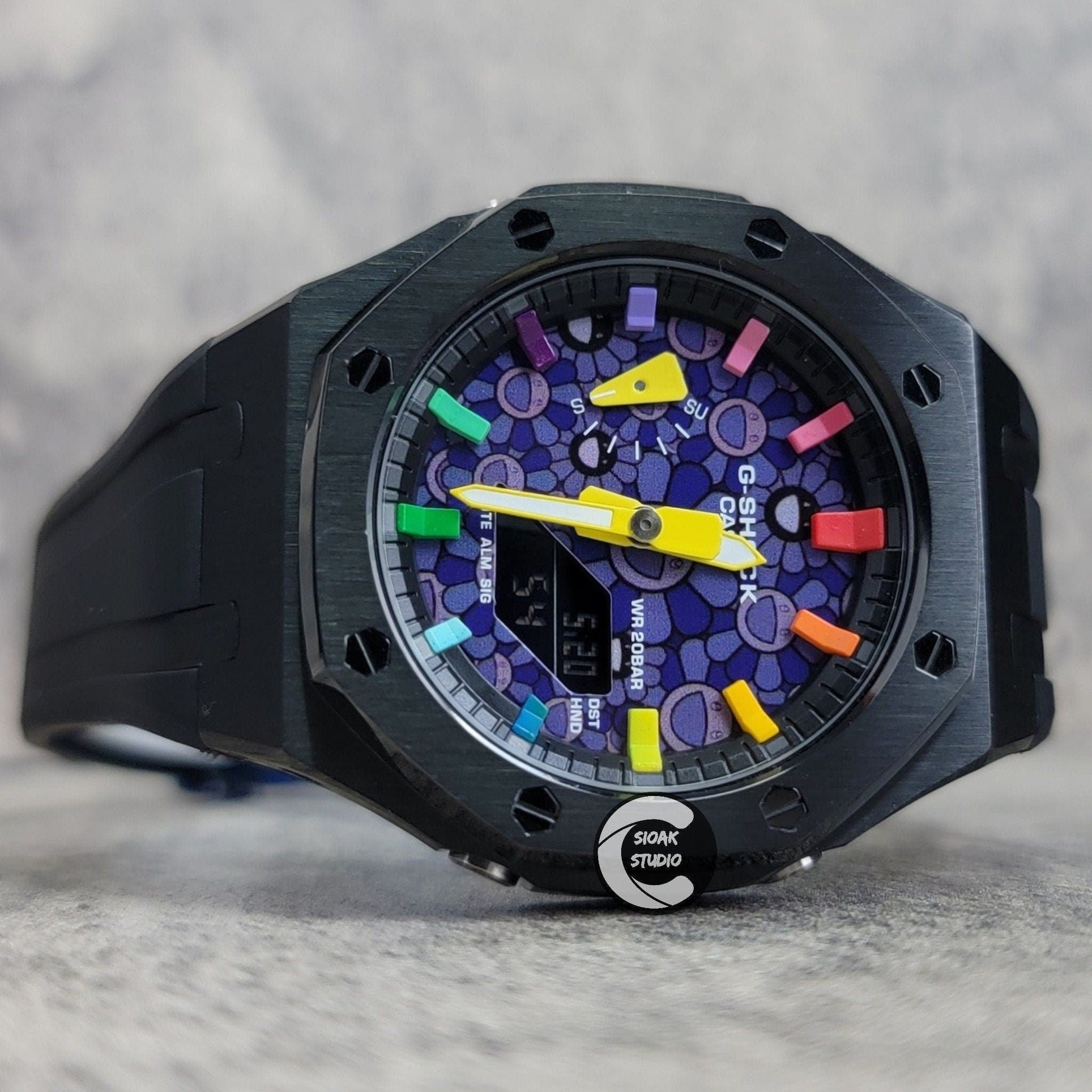 Casioak Mod Watch Black Case Black Rubber Strap Black Rainbow Time Mark Takashi Murakami Dial 44mm - Casioak Studio