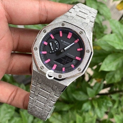 Casioak Mod Watch Frosted Silver Case Metal Strap Black Pink Time Mark Black Dial 44mm - Casioak Studio