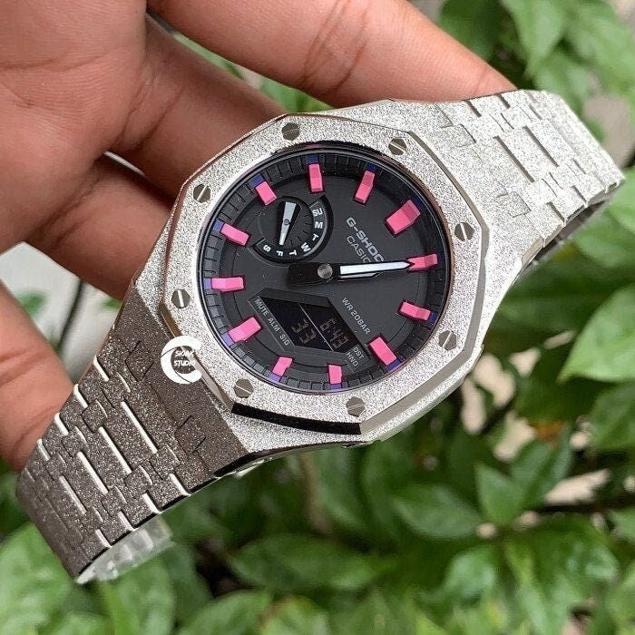 Casioak Mod Watch Frosted Silver Case Metal Strap Black Pink Time Mark Black Dial 44mm - Casioak Studio