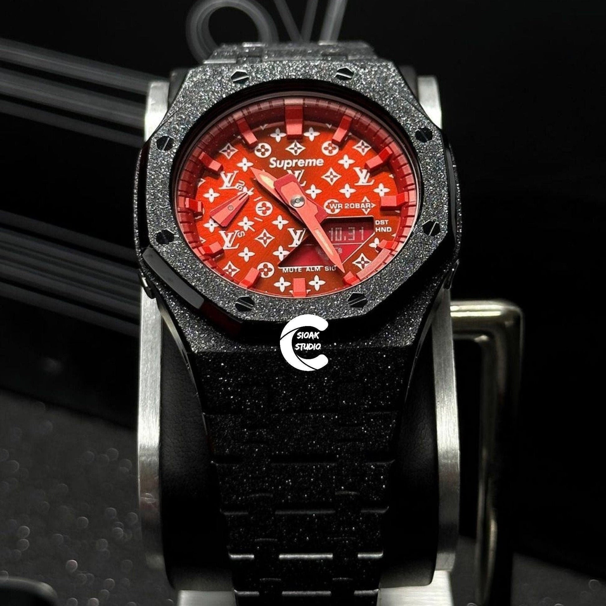 Casioak Mod Watch Frosted Black Case Metal Strap Red Time Mark Red Dial 44mm - Casioak Studio