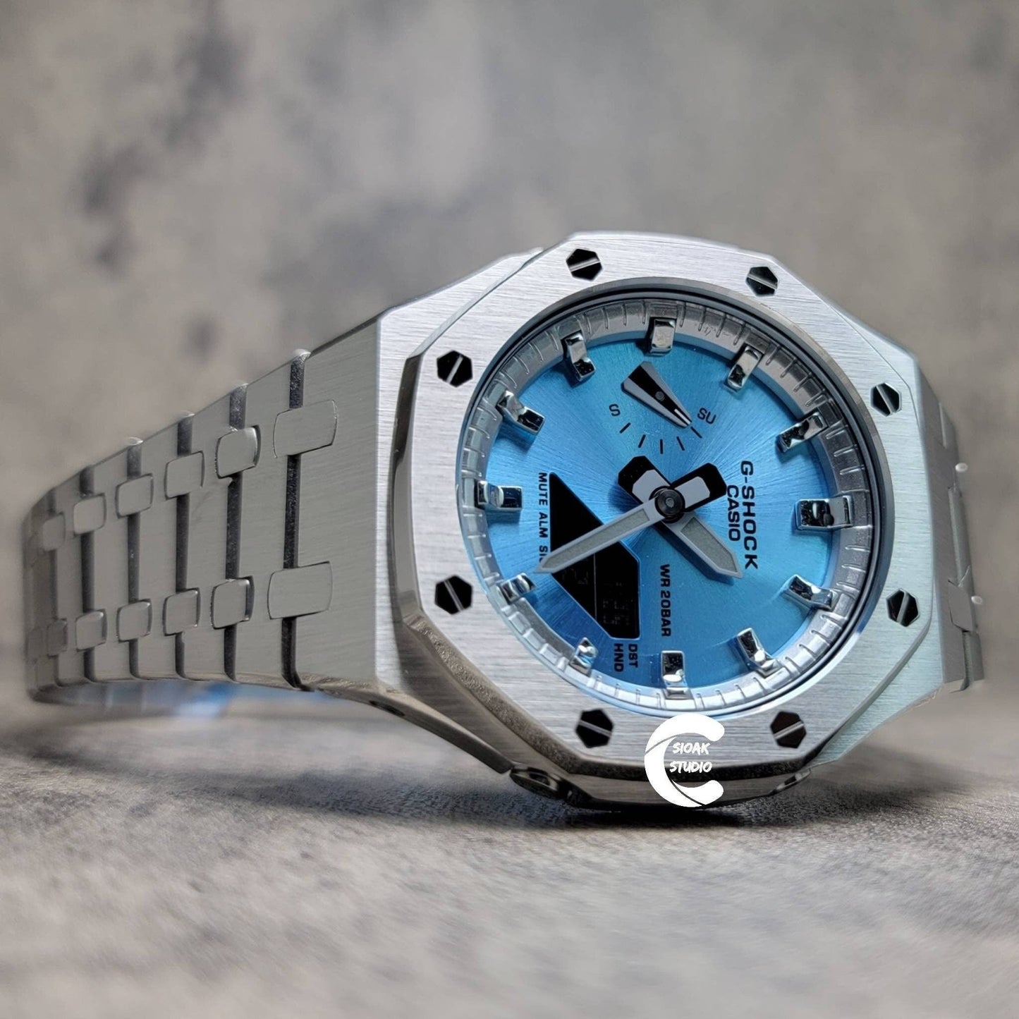 Casioak Mod Watch Silver Case Metal Strap Silver Time Mark Ice  Blue Dial 44mm - Casioak Studio