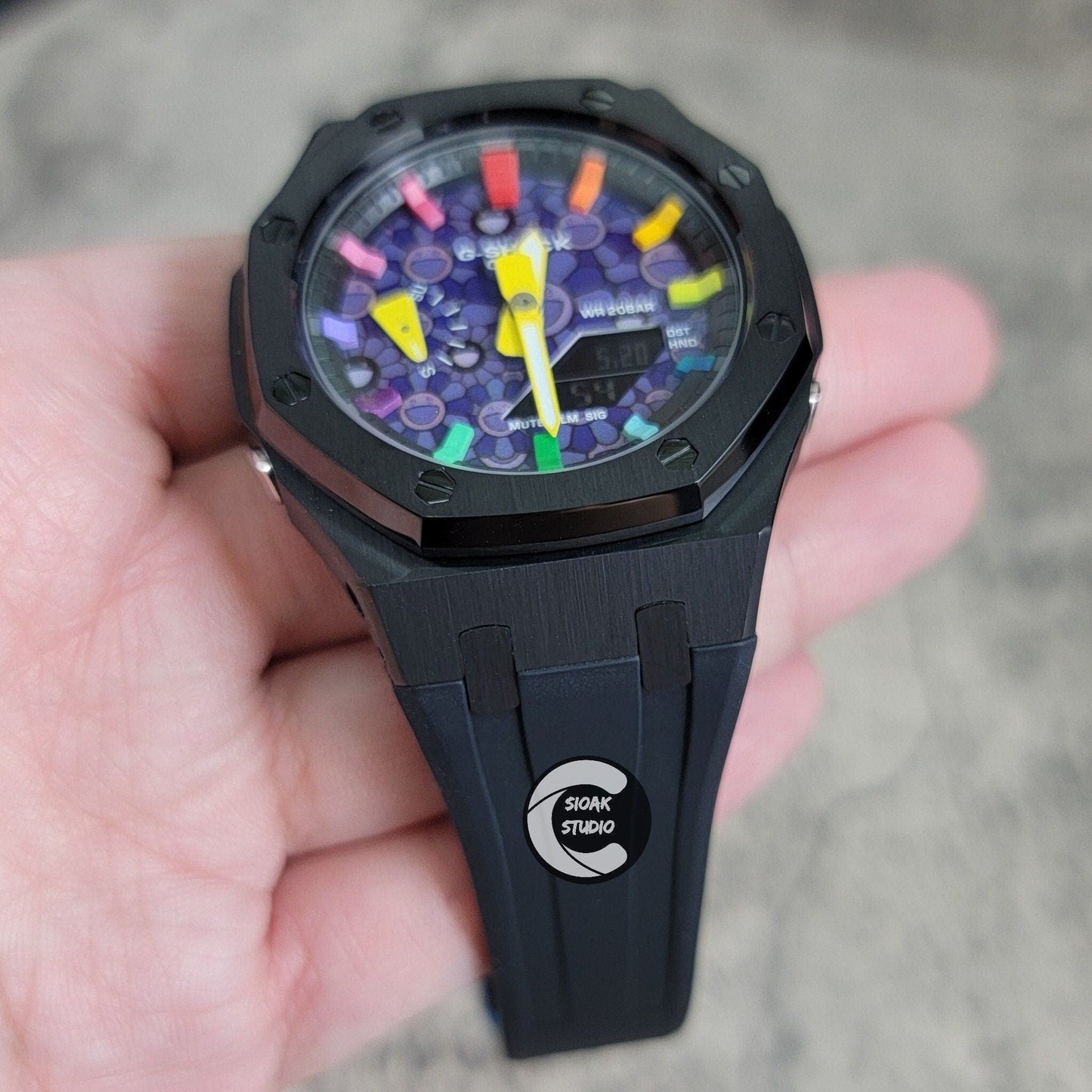 Casioak Mod Watch Black Case Black Rubber Strap Black Rainbow Time Mark Takashi Murakami Dial 44mm - Casioak Studio