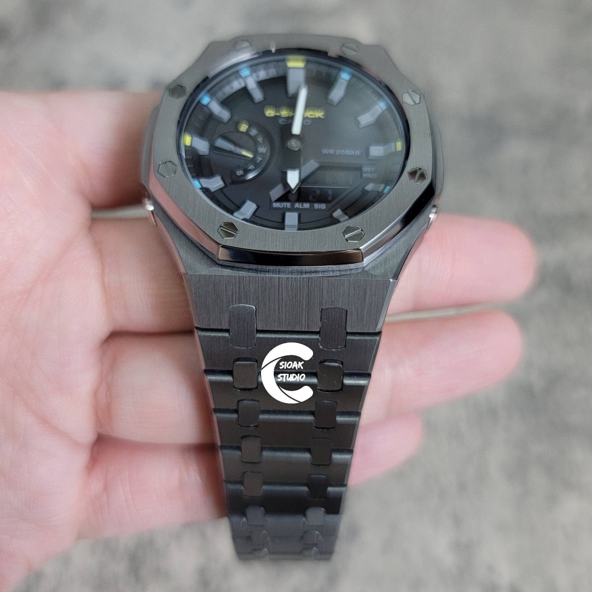 Casioak Mod Watch Gray Case Metal Strap Black Gray Time Mark Black Dial 44mm - Casioak Studio