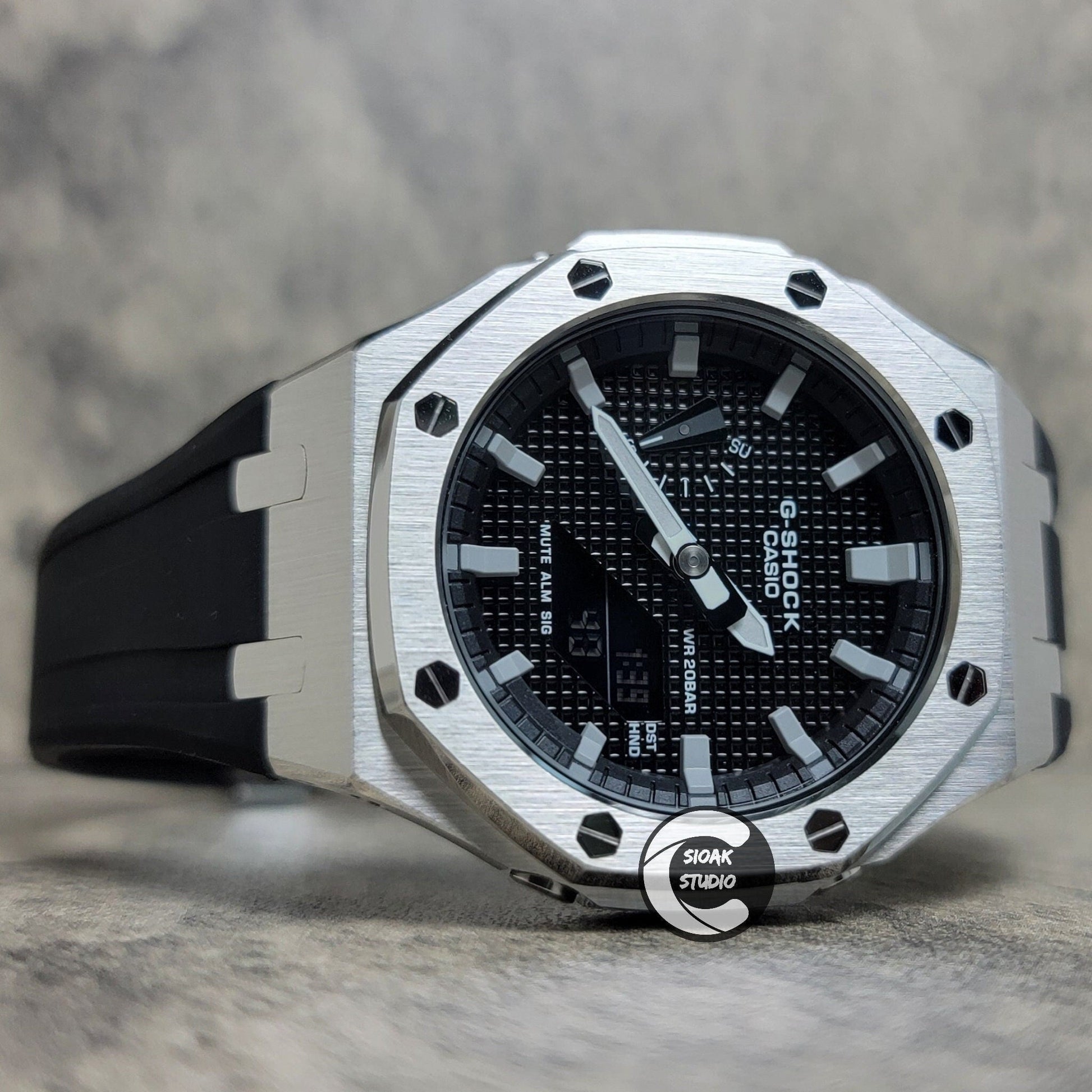 Casioak Mod Watch Silver Case Black Rubber Strap Black Grey Time Mark Black Waffle Dial 44mm - Casioak Studio