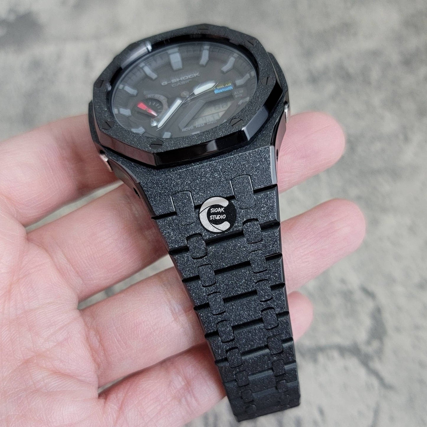 Casioak Mod Watch Solar Bluetooth Frosted Black Case Metal Strap Black Gray Time Mark Black Dial 44mm - Casioak Studio