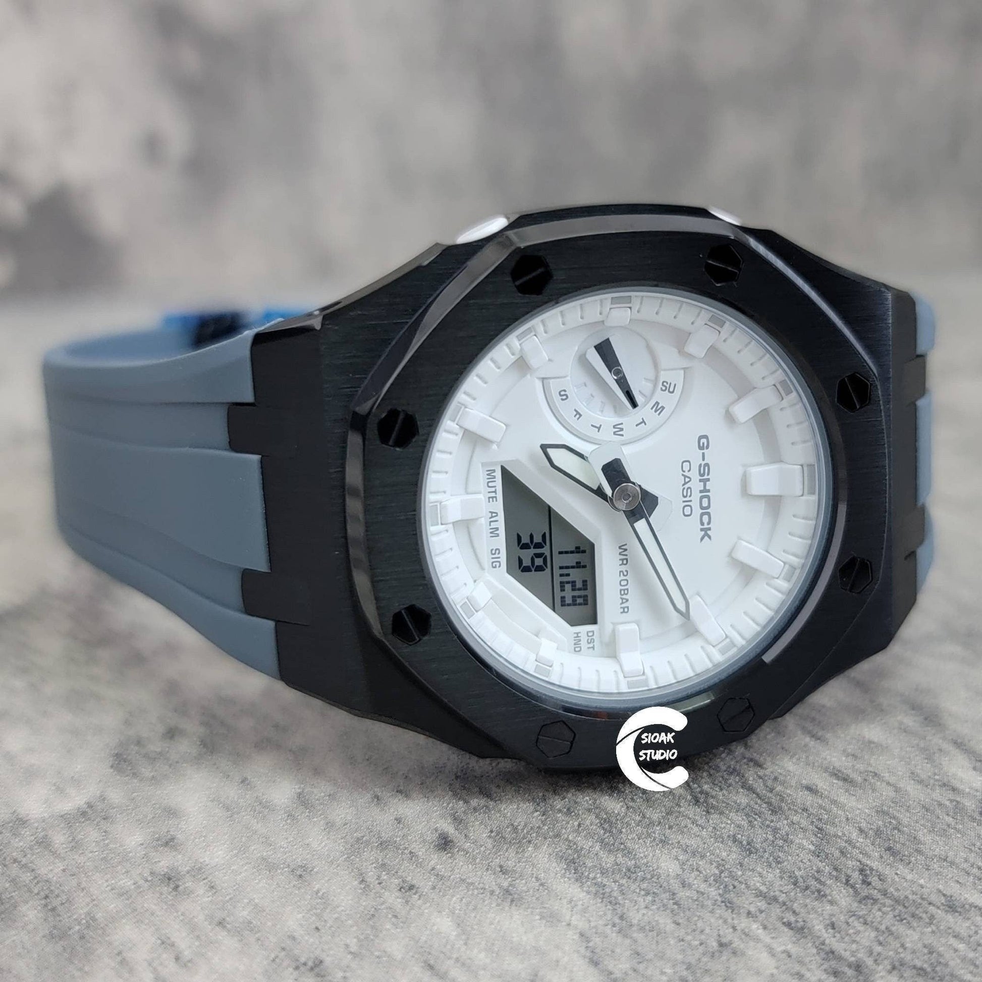 Casioak Mod Watch Black Case Gray Rubber Strap White Time Mark White Dial 42mm - Casioak Studio