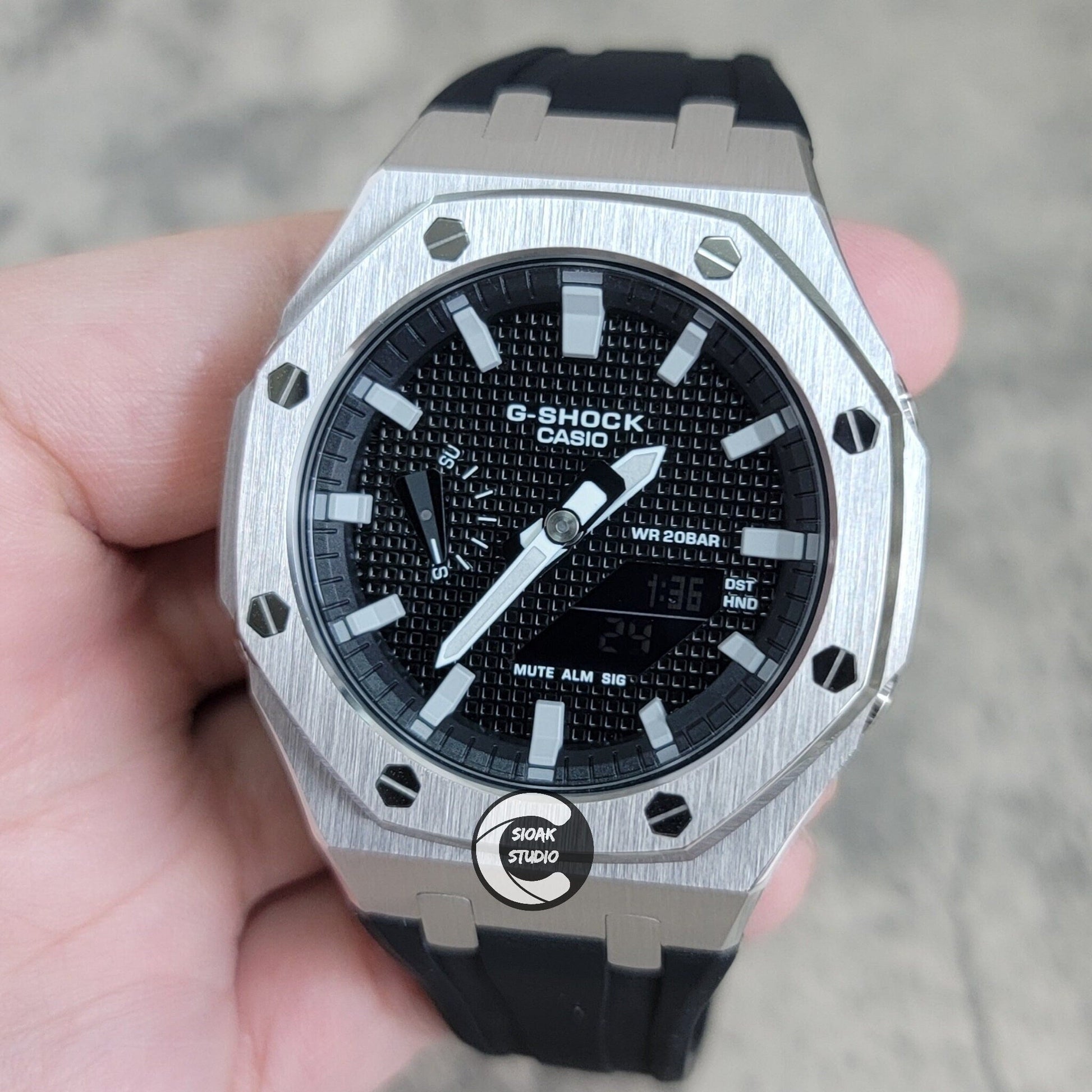 Casioak Mod Watch Silver Case Black Rubber Strap Black Grey Time Mark Black Waffle Dial 44mm - Casioak Studio