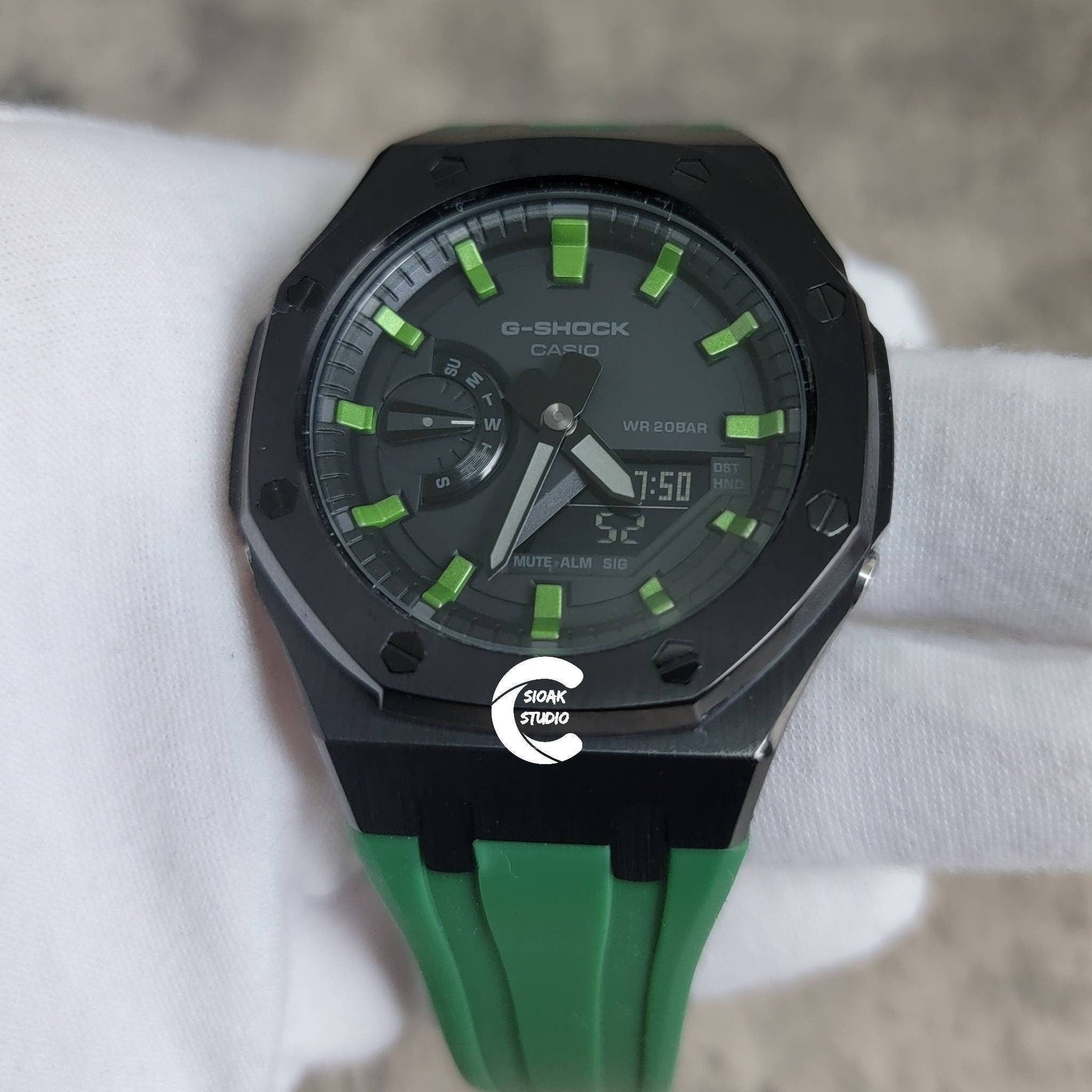 Casioak Mod Watch Black Case Green Rubber Strap Black  Green Time Mark Black Dial 44mm - Casioak Studio