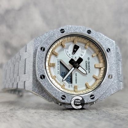 Casioak Mod Watch Frosted Silver Case Metal Strap Rise Gold Time Mark Silver Dial 44mm - Casioak Studio