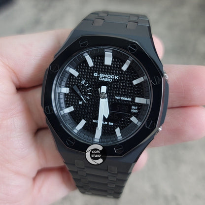 Casioak Mod Watch Polished Black Case Metal Strap Black Grey Time Mark Black Waffle Dial 44mm - Casioak Studio