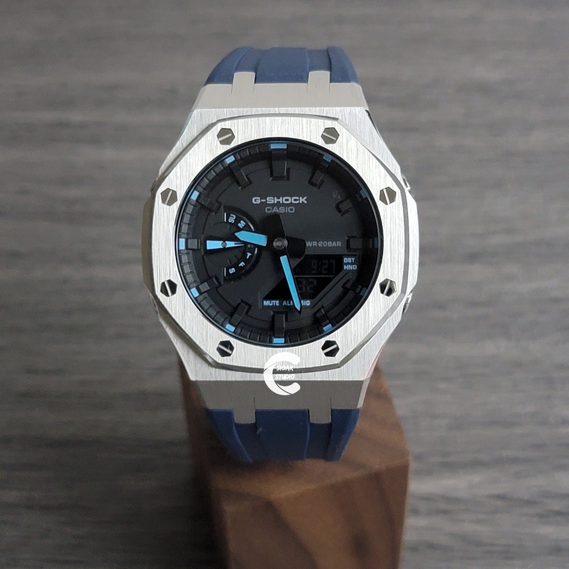 Casioak Mod Watch Silver Case Blue Rubber Strap Black Time Mark Black Dial 44mm - Casioak Studio