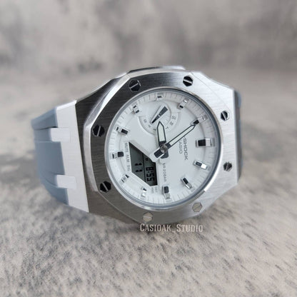 Casioak Mod Watch Silver Case Gray Rubber Strap White Silver Time Mark White Dial 42mm - Casioak Studio