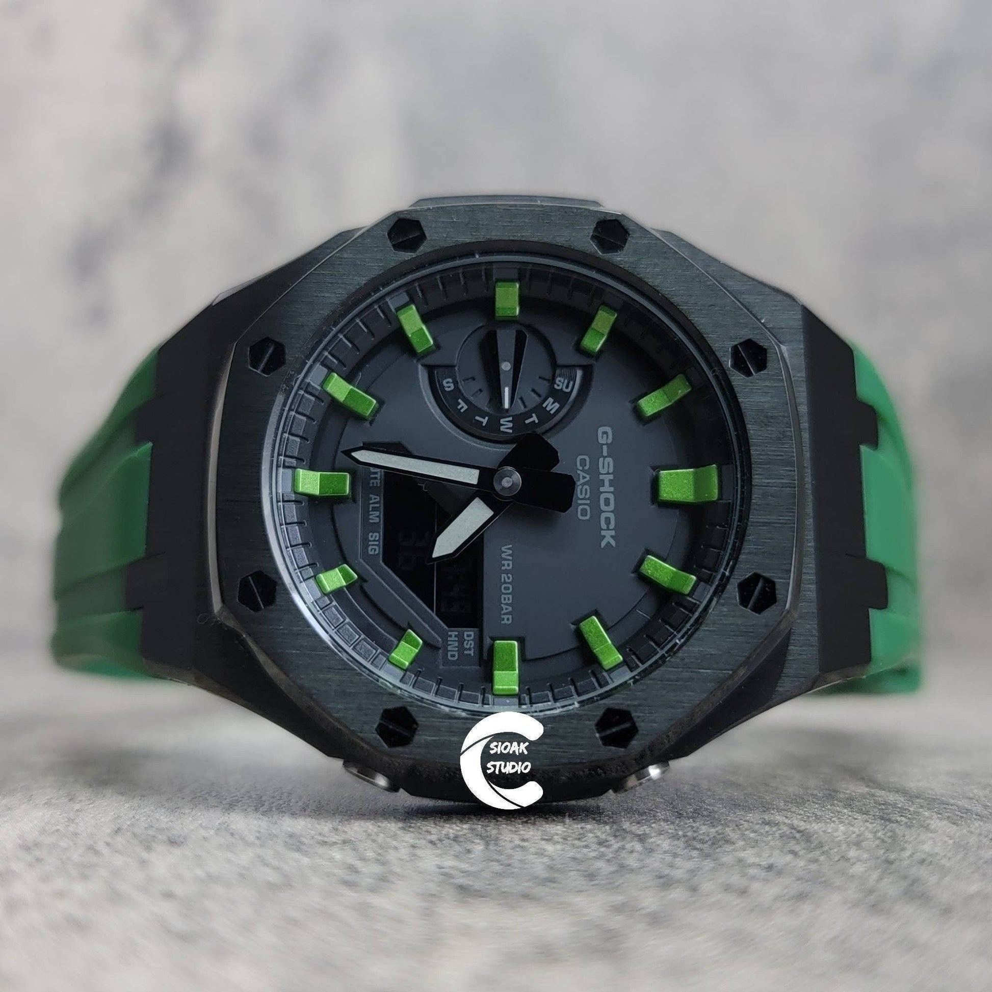 Casioak Mod Watch Black Case Green Rubber Strap Black  Green Time Mark Black Dial 44mm - Casioak Studio