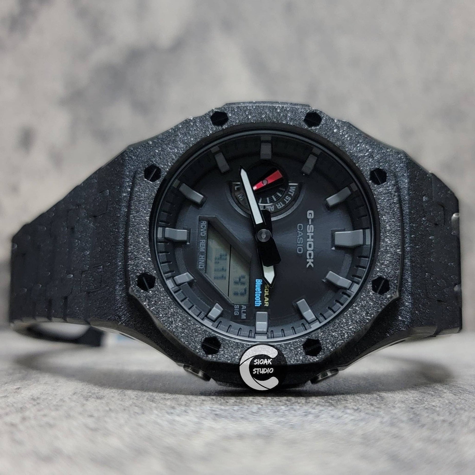 Casioak Mod Watch Solar Bluetooth Frosted Black Case Metal Strap Black Gray Time Mark Black Dial 44mm - Casioak Studio