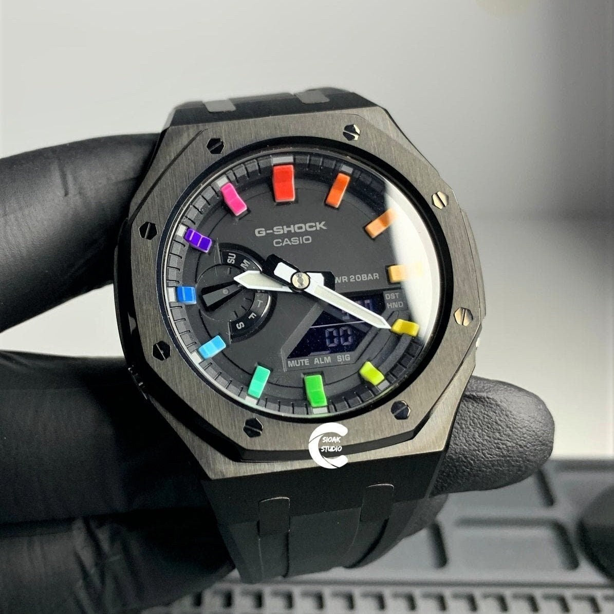 Casioak Mod Watch Black Case Black Rubber Strap Black Rainbow Time Mark Black Dial 44mm - Casioak Studio