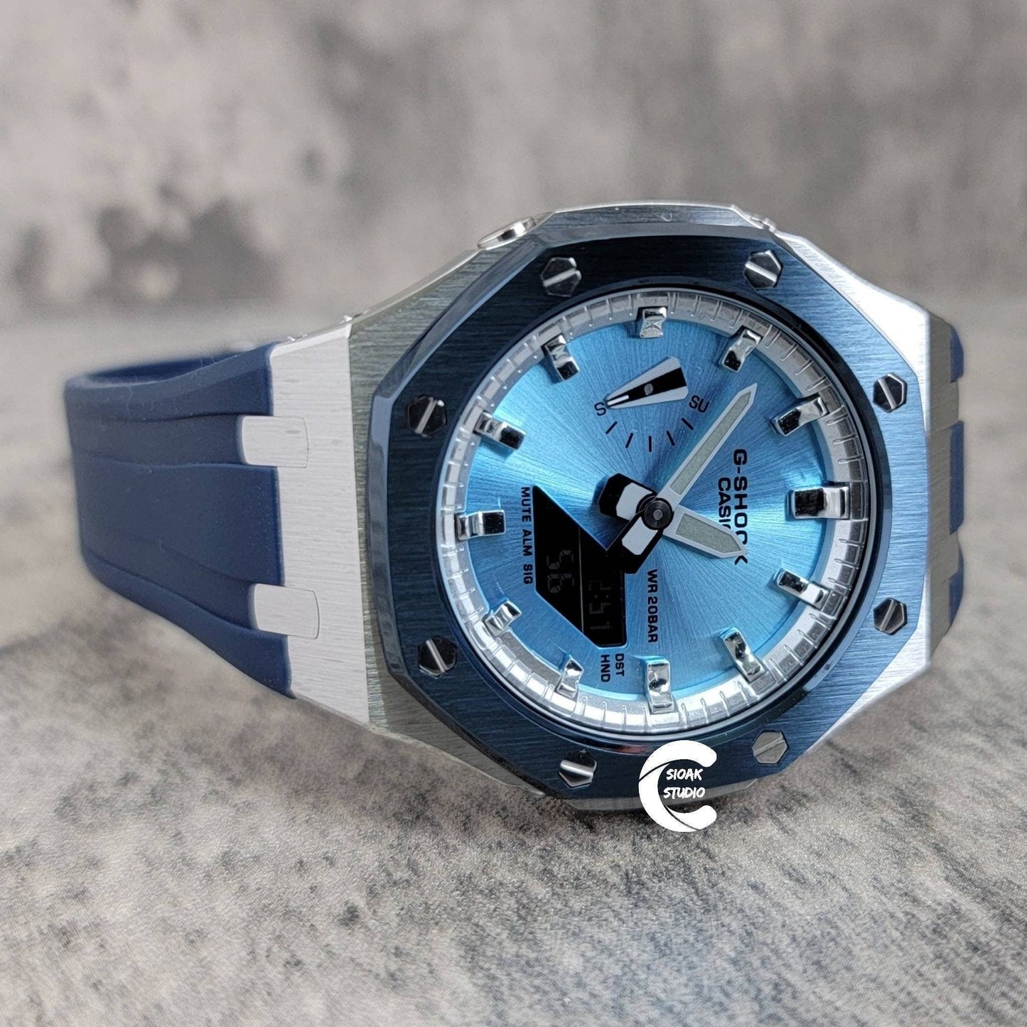 Casioak Mod Watch Blue Silver Case Blue Rubber Strap Silver Time Mark Ice  Blue Dial 44mm - Casioak Studio