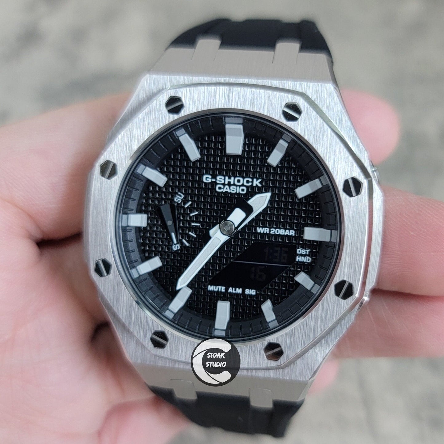 Casioak Mod Watch Silver Case Black Rubber Strap Black Grey Time Mark Black Waffle Dial 44mm - Casioak Studio