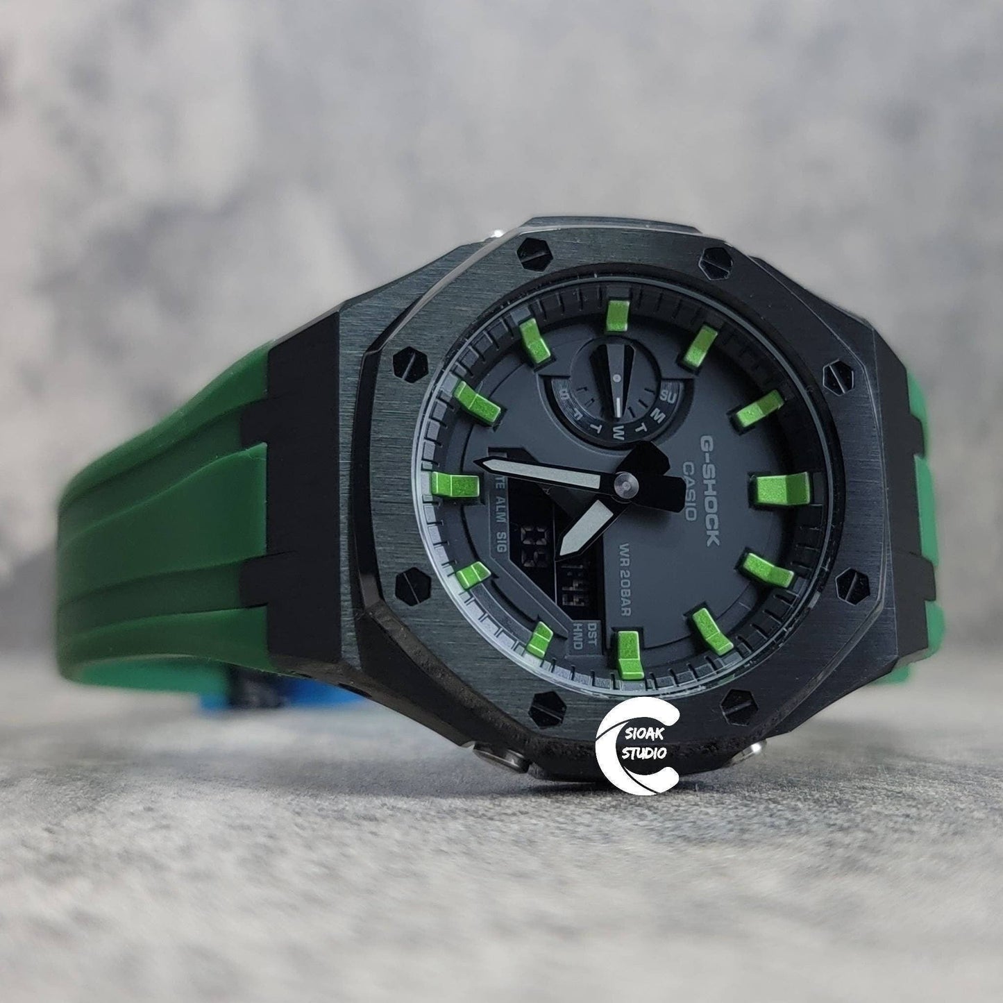 Casioak Mod Watch Black Case Green Rubber Strap Black  Green Time Mark Black Dial 44mm - Casioak Studio