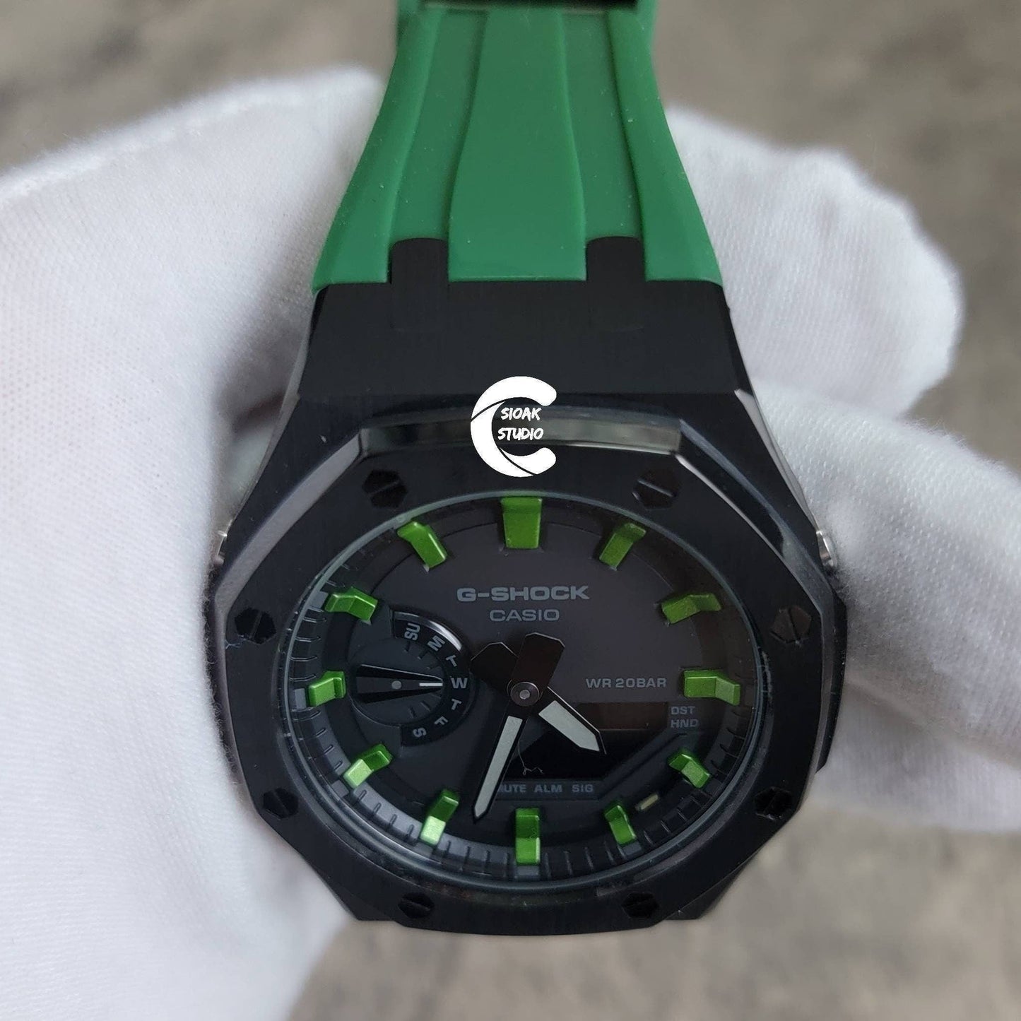 Casioak Mod Watch Black Case Green Rubber Strap Black  Green Time Mark Black Dial 44mm - Casioak Studio