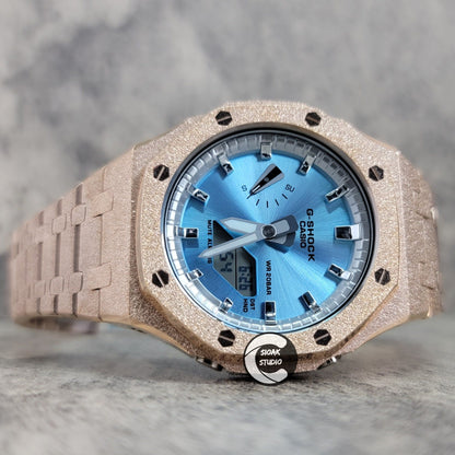 Casioak Mod Watch Frosted Rosegold Case Metal Strap Silver Time Mark Metallic Blue  Dial 44mm    Gift - Casioak Studio