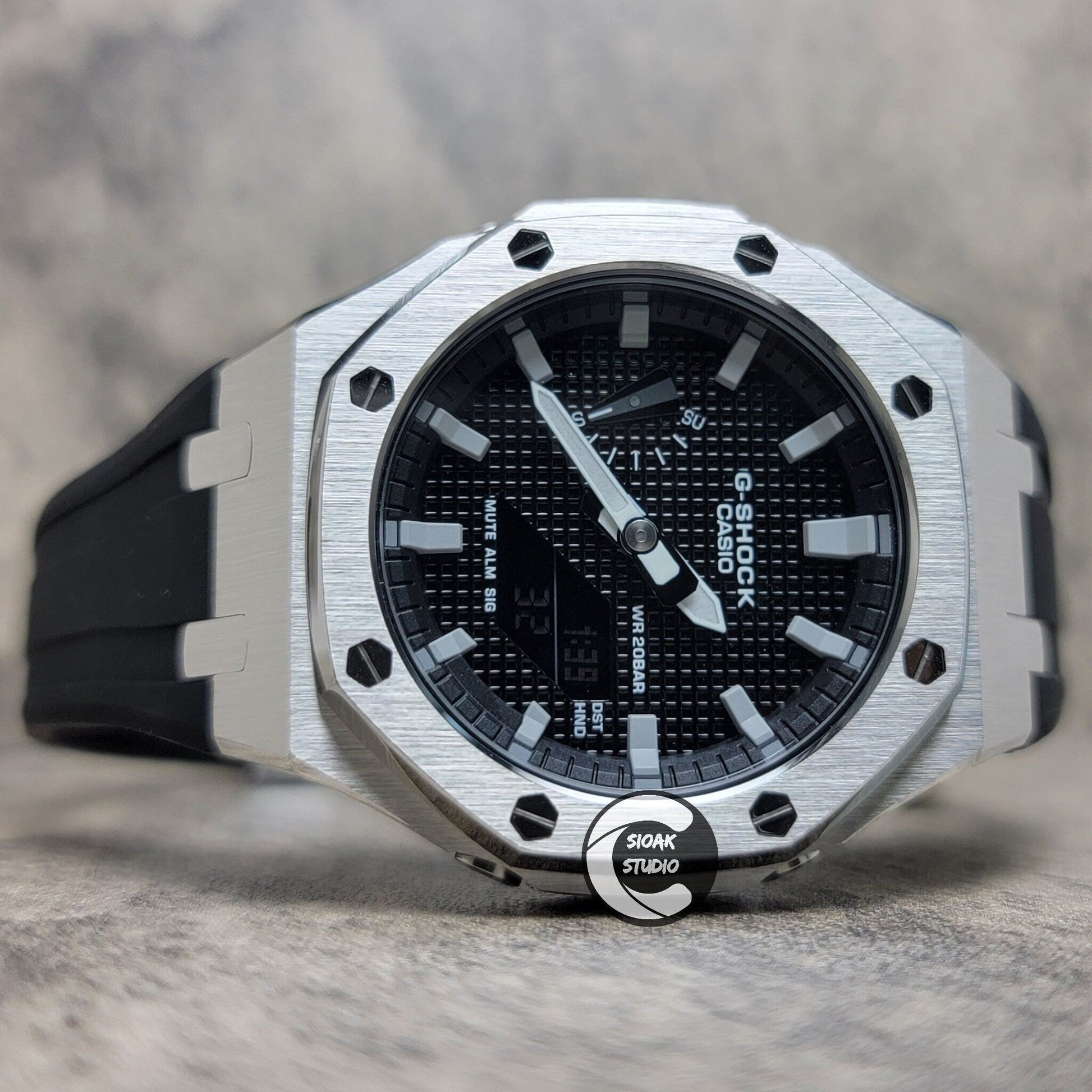 Casioak Mod Watch Silver Case Black Rubber Strap Black Grey Time Mark Black Waffle Dial 44mm - Casioak Studio