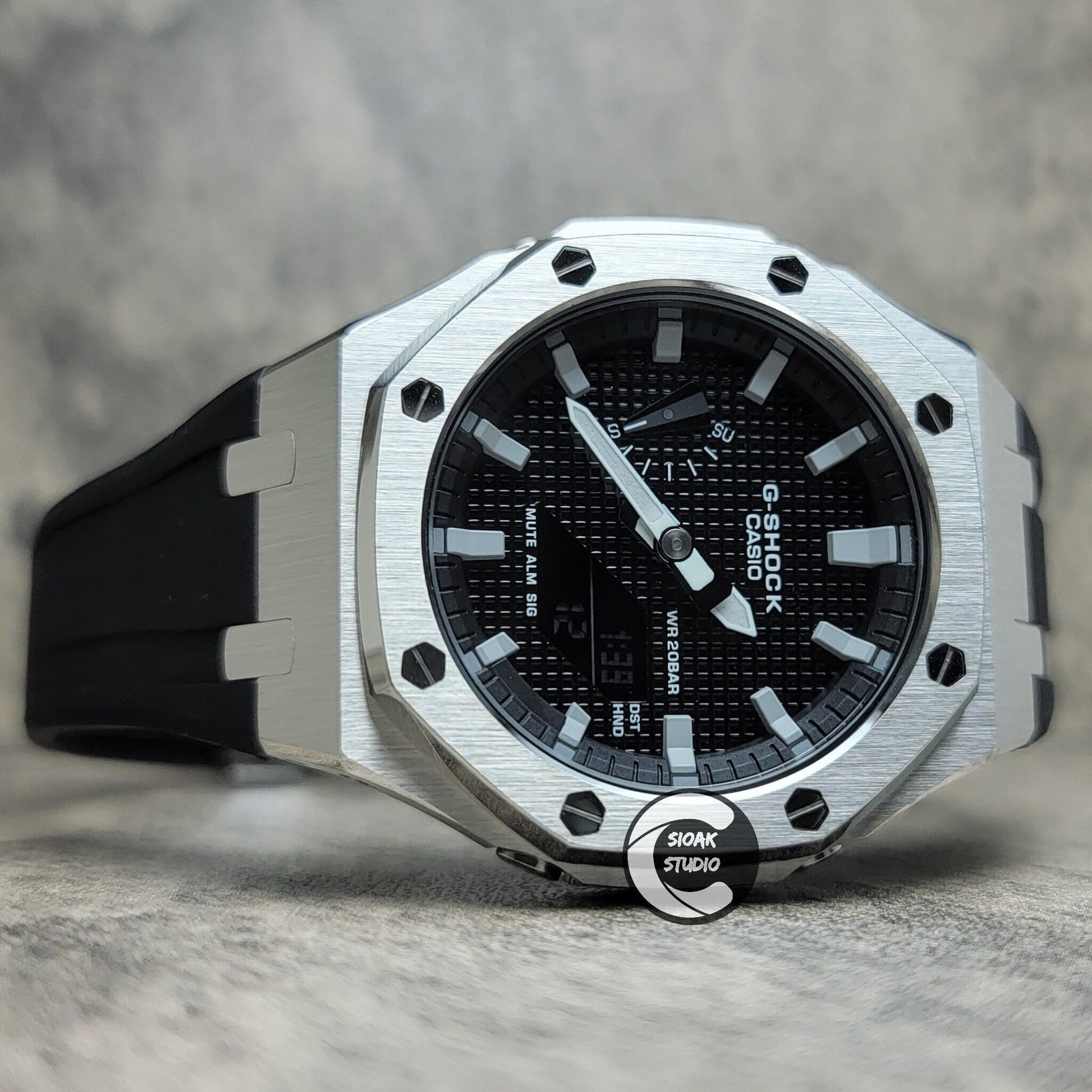 Casioak Mod Watch Silver Case Black Rubber Strap Black Grey Time Mark Black Waffle Dial 44mm - Casioak Studio