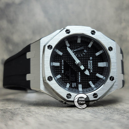 Casioak Mod Watch Silver Case Black Rubber Strap Black Grey Time Mark Black Waffle Dial 44mm - Casioak Studio