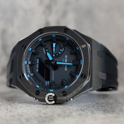 Casioak Mod Watch Gray Case Black Rubber Strap Black Time Mark Black Dial 44mm Blue - Casioak Studio